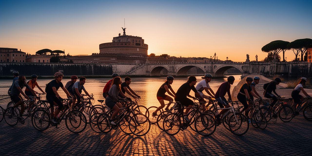 Ciclisti che pedalano lungo il Tevere al tramonto con Castel Sant Angelo sullo sfondo