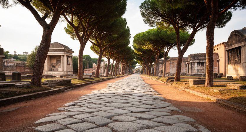 Paesaggio dell Appia Antica con pini marittimi e rovine romane